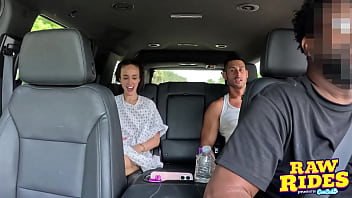 Petite Brunette Wearing A Dog Cone Gets Fucked In A Poolside Rideshare