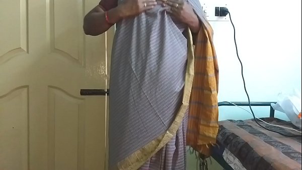 Desi Indian Wife Vanitha In Grey Saree Flaunts Her Big Tits And Shaved Pussy, Teasing And Rubbing Herself Hard