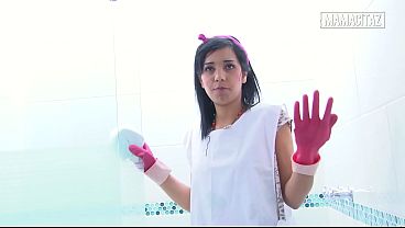 Hotel Maid In Tight Rubber Gloves Bends Deep To Scrub The Shower, Her Soaked Uniform Clinging